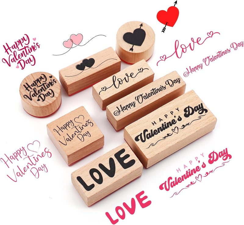 Supervitae 8 Pcs Valentine's Rubber Stamp Set Wooden Rubber Stamps Happy Valentine Heart Stamp Vintage Wooden Rubber Art Stamps for Crafting and DIY Scrapbooking Card Making Hand Book(Word) - Image 1
